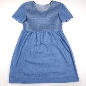 Vintage Handmade Denim Smocked Dress Womens M L Blue Midi Cottagecore XL